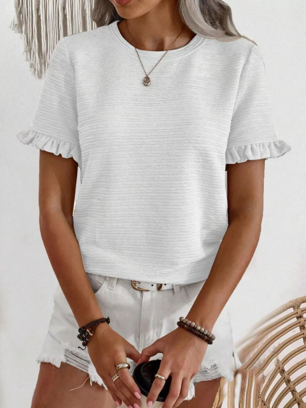 Textured Ruffle Sleeve Round Neck T-Shirt product image 25