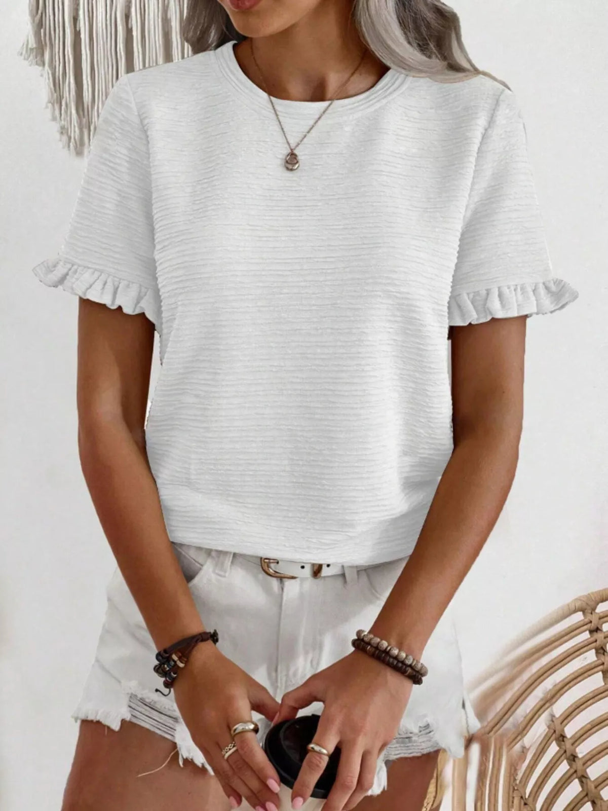 Textured Ruffle Sleeve Round Neck T-Shirt product image 25