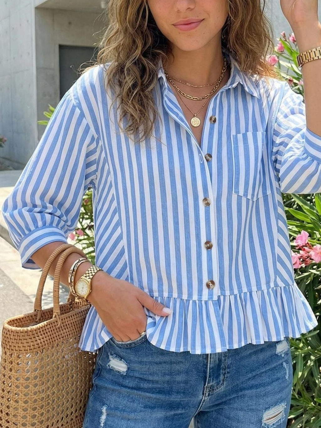 Striped Ruffle Hem Button-Down Shirt product image 1