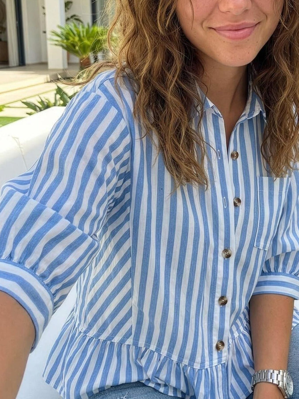 Striped Ruffle Hem Button-Down Shirt product image 3