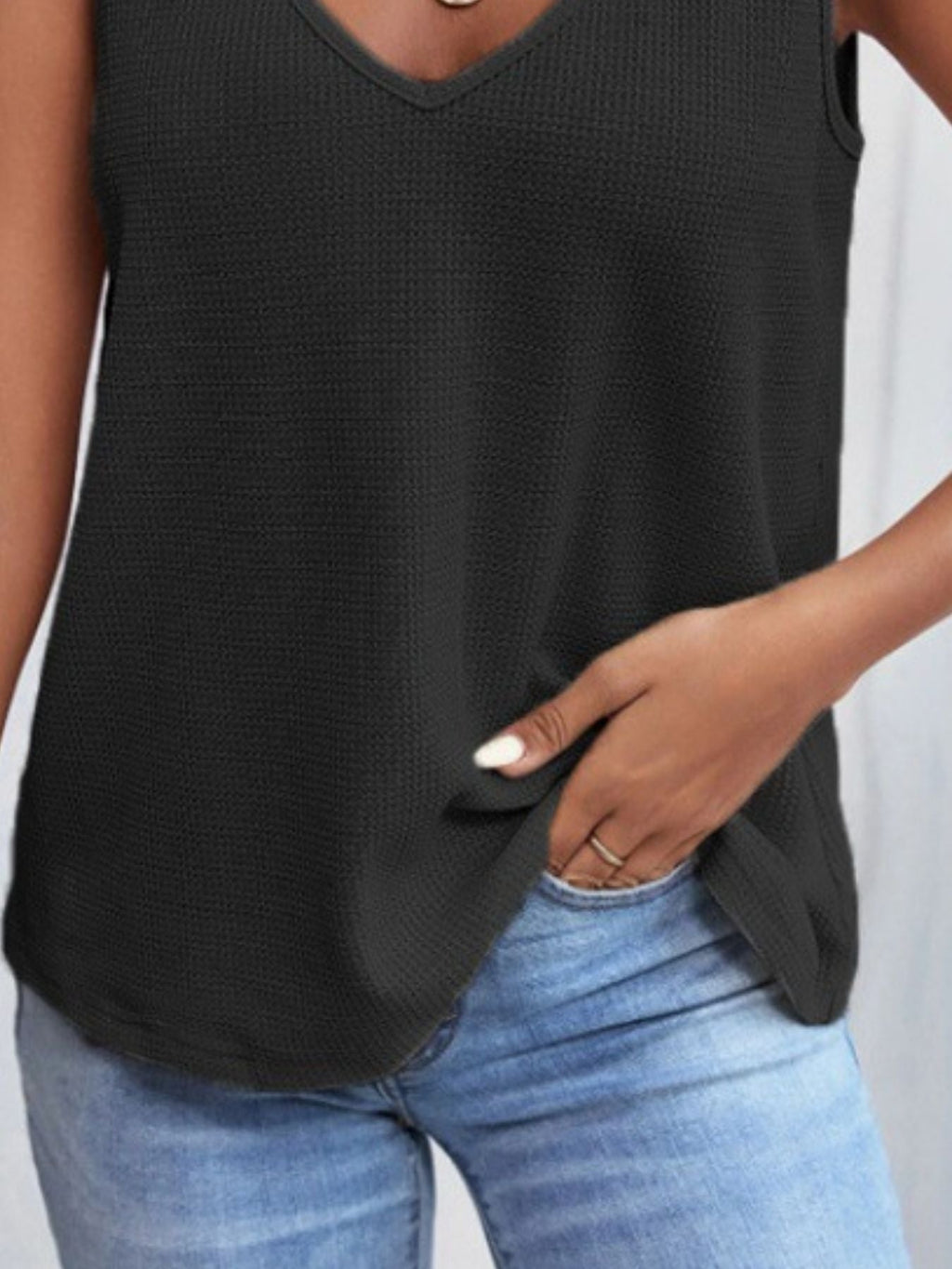 Full Size Lace Trim V-Neck Waffle Knit Tank