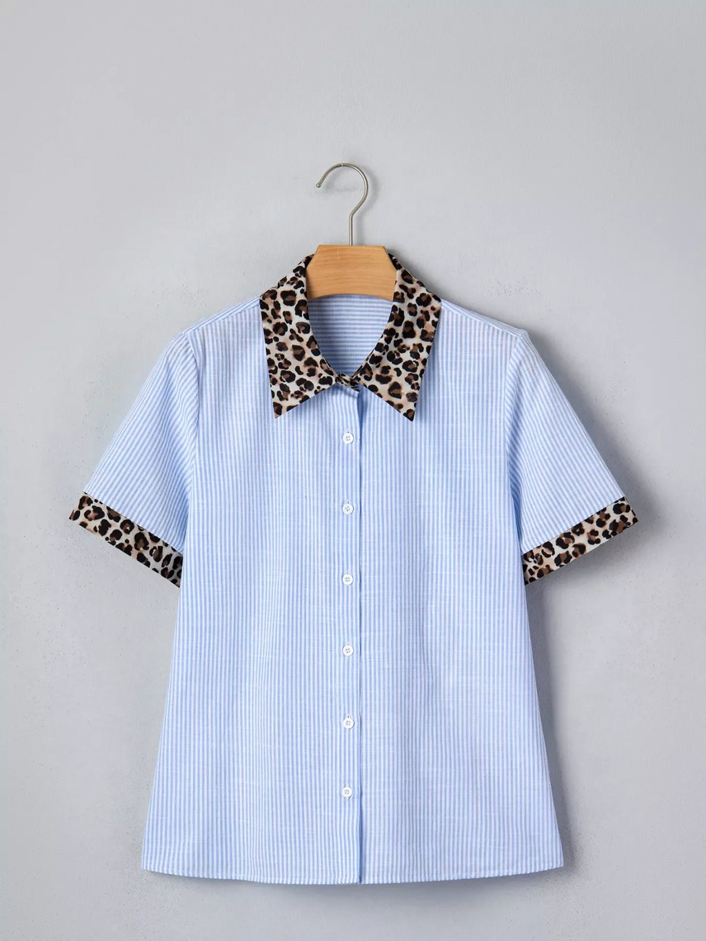 Stripe Leopard Contrast Collar Short Sleeve Shirt product image 5
