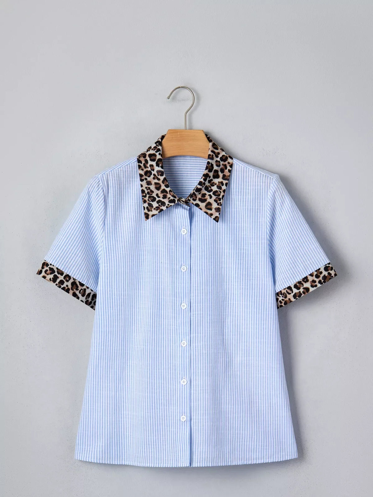 Stripe Leopard Contrast Collar Short Sleeve Shirt product image 5