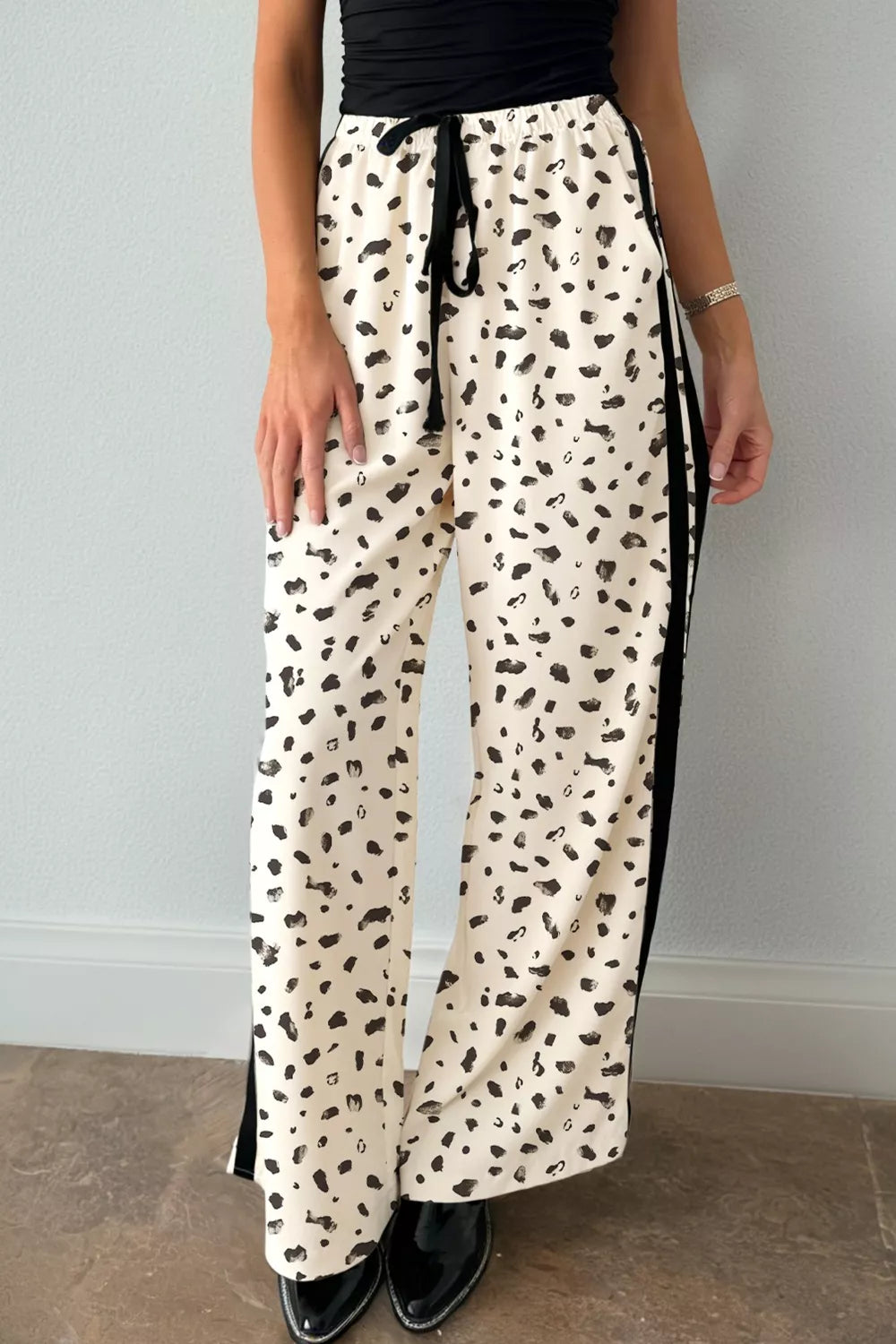 Leopard Print Side Stripe Detail Loose Drawstring Pants product image 1