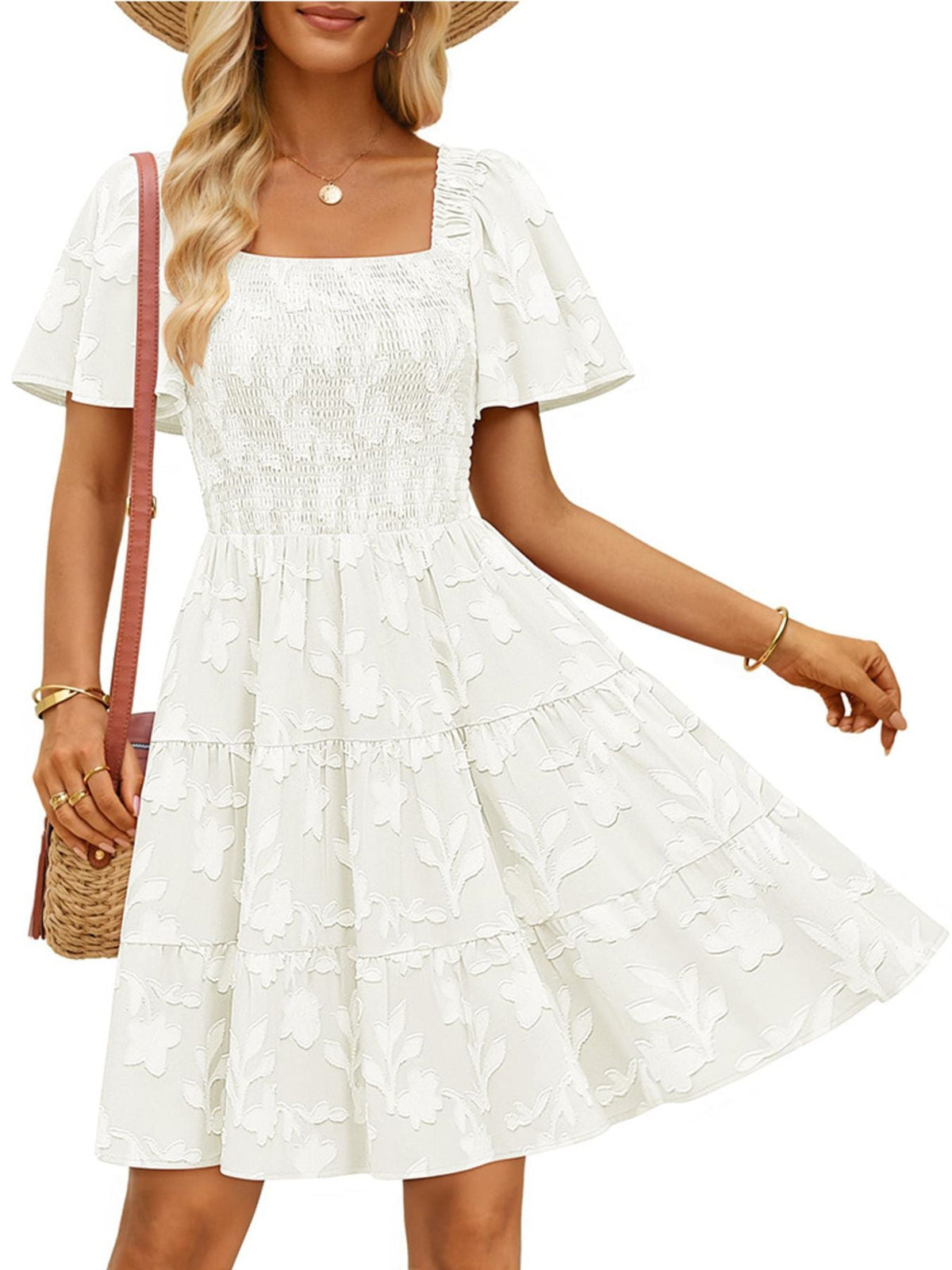 Tiered Square Neck Short Sleeve Dress