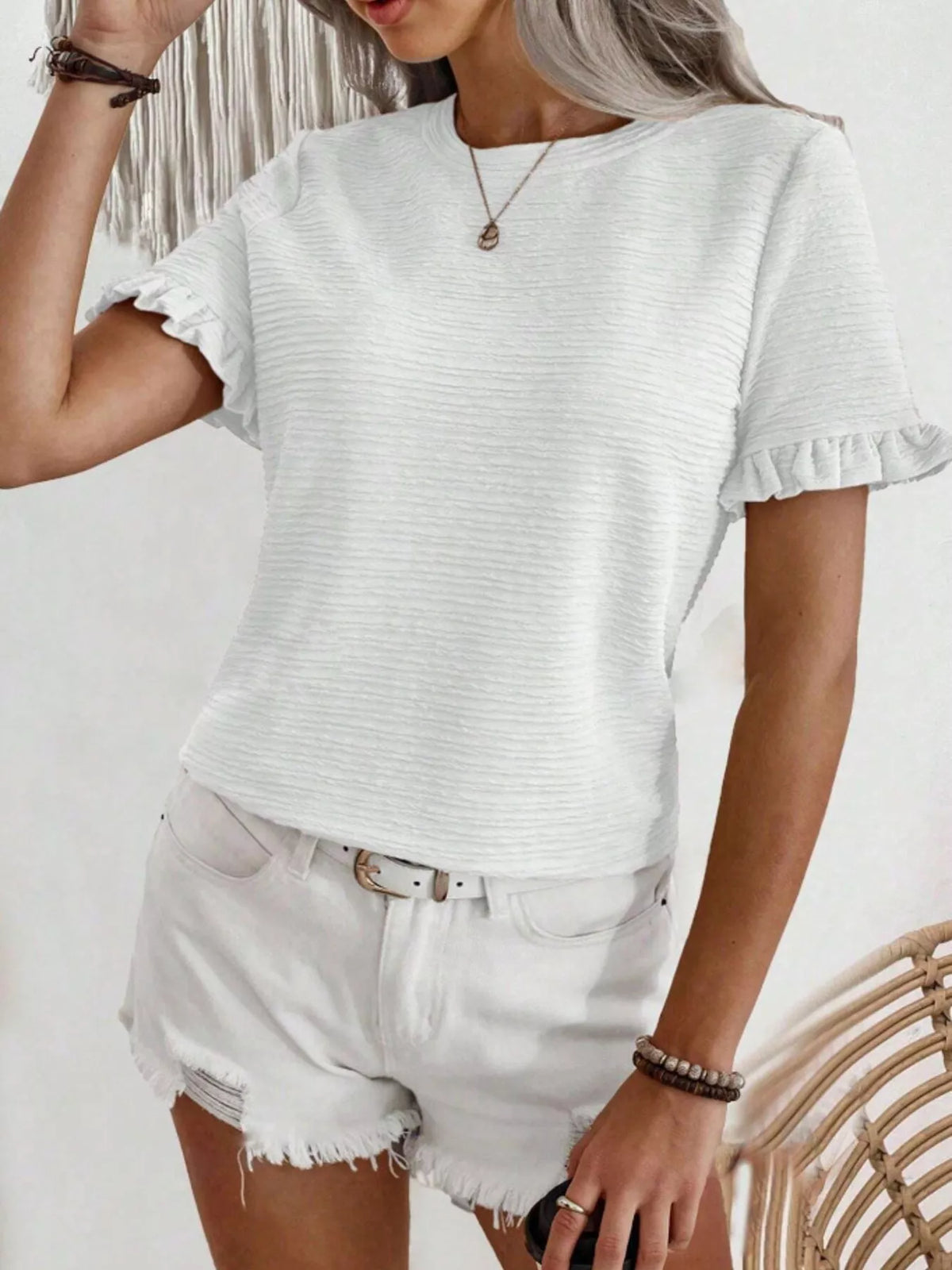 Textured Ruffle Sleeve Round Neck T-Shirt product image 28