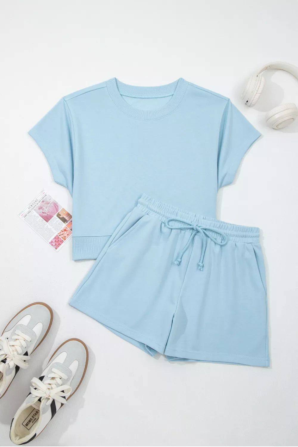 Solid Color Loose Tee Drawstring Shorts 2pcs Outfit Set product image 3
