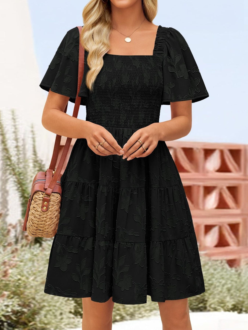Tiered Square Neck Short Sleeve Dress