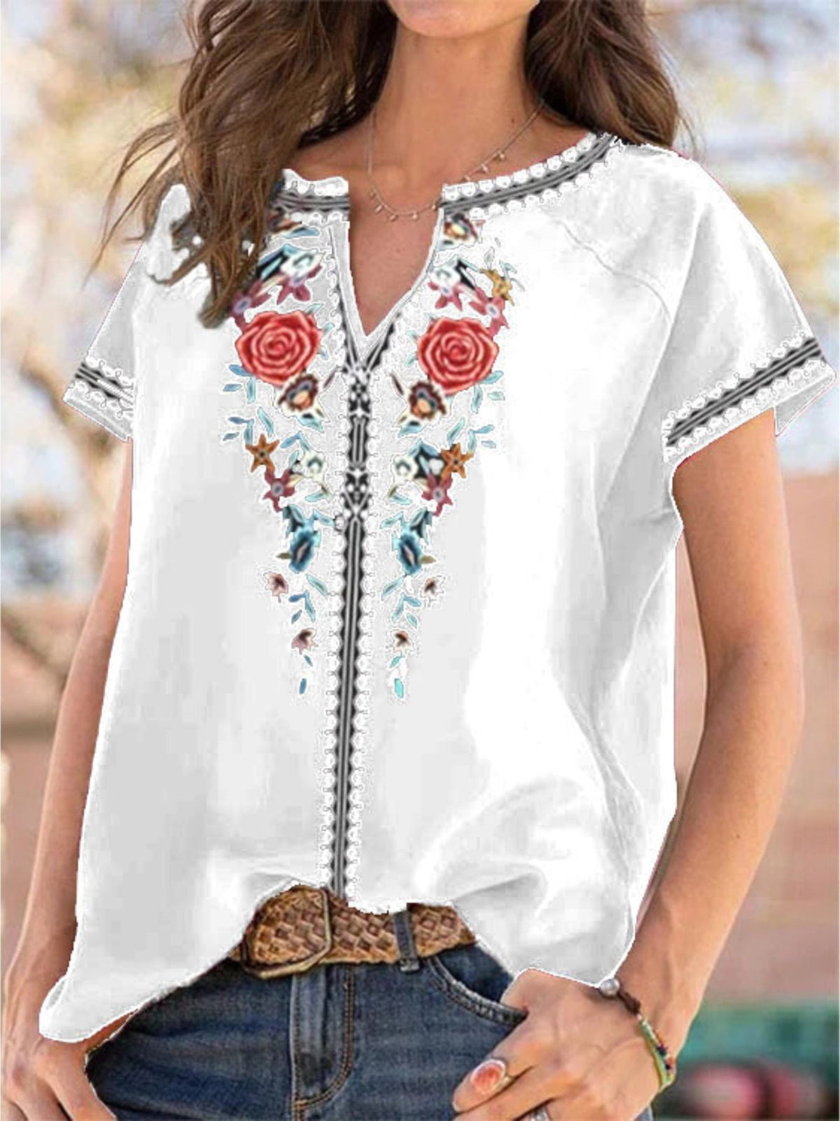 Full Size Floral Notched Short Sleeve Blouse