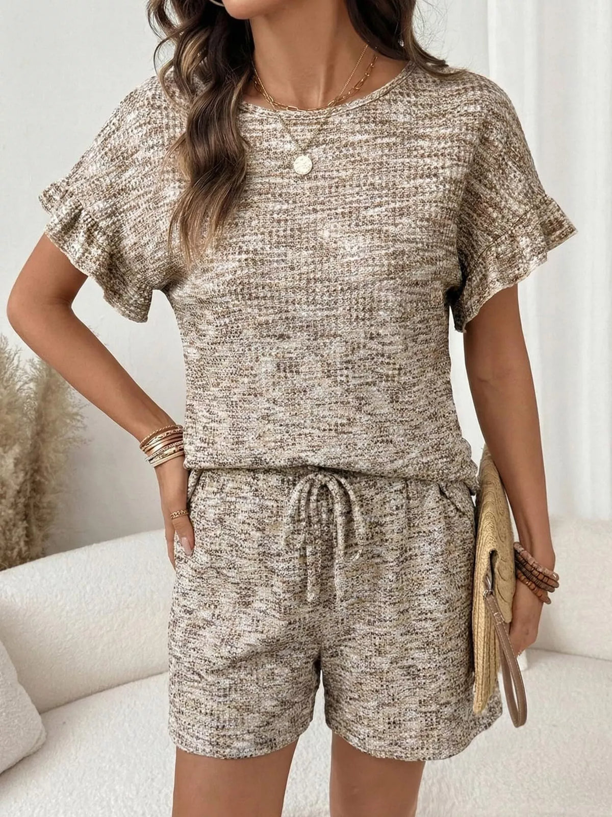 Ruffle Sleeve Textured Top and Shorts Set product image 10