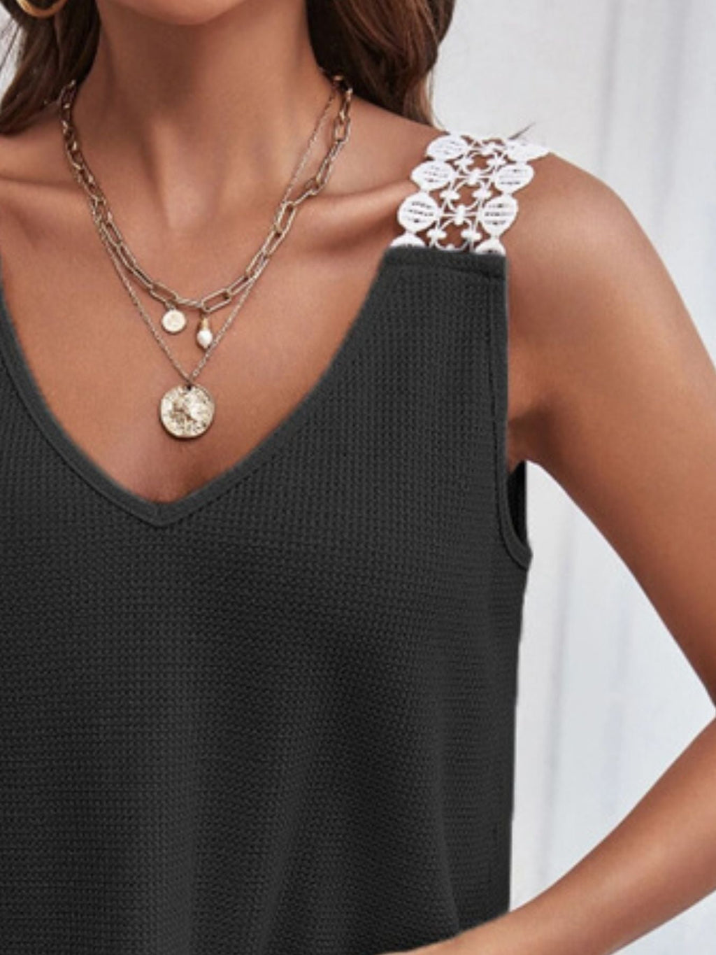 Full Size Lace Trim V-Neck Waffle Knit Tank