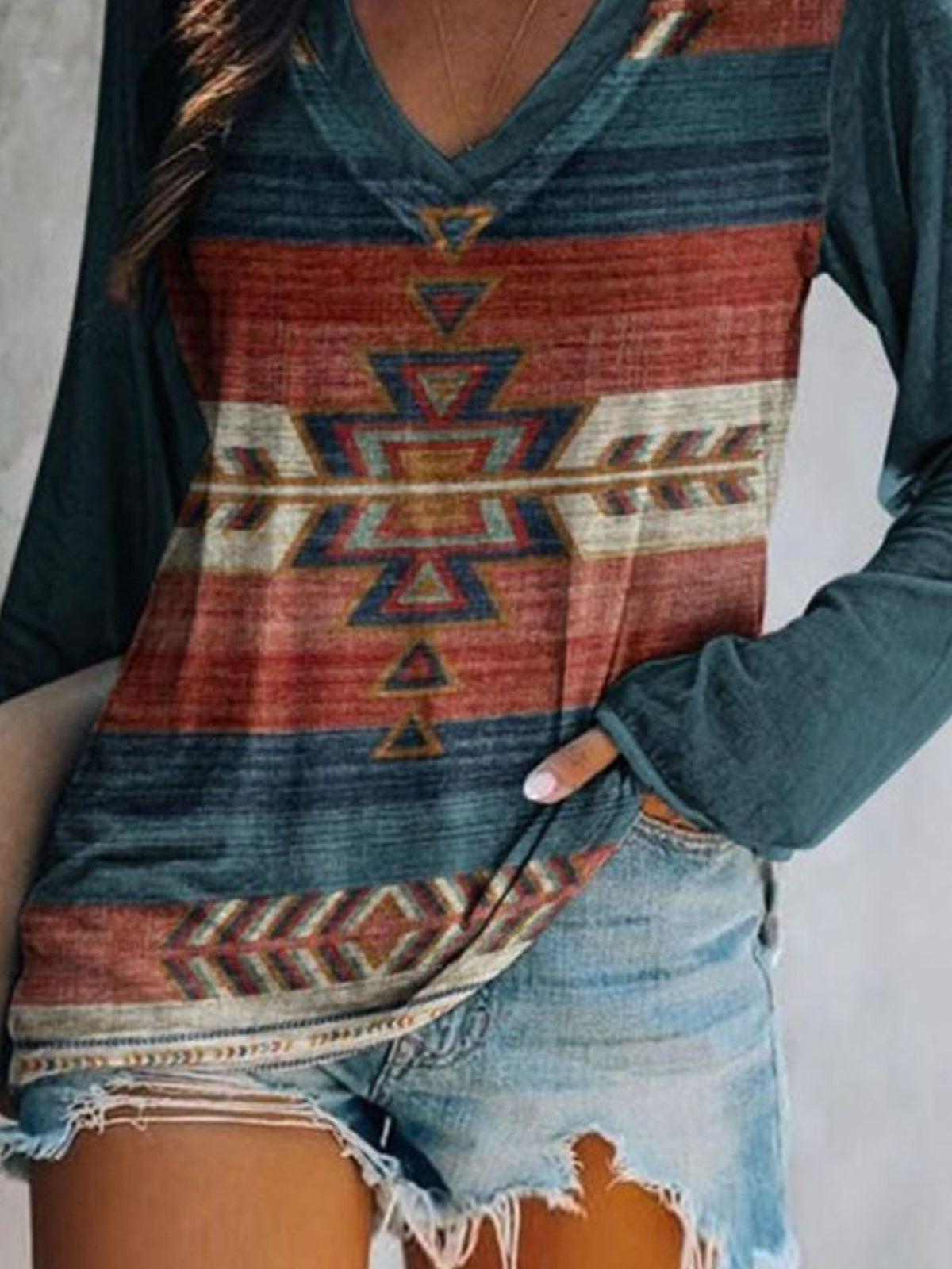 Full Size Geometric V-Neck Long Sleeve T-Shirt product image 14