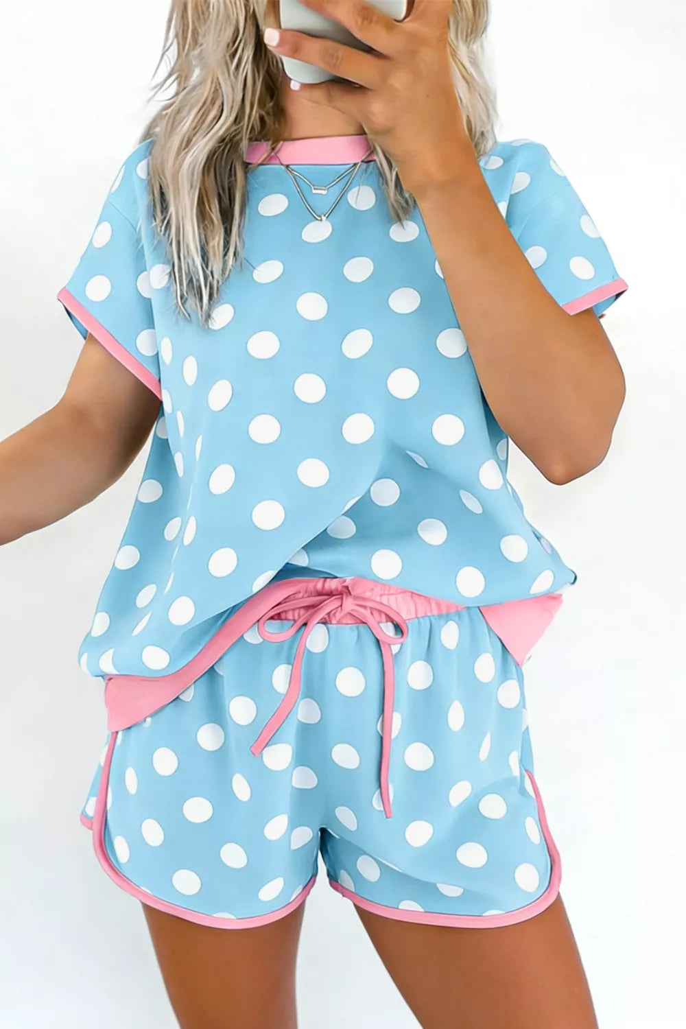 Polka Dot Contrast Trim Top and Drawstring Shorts Set product image 1
