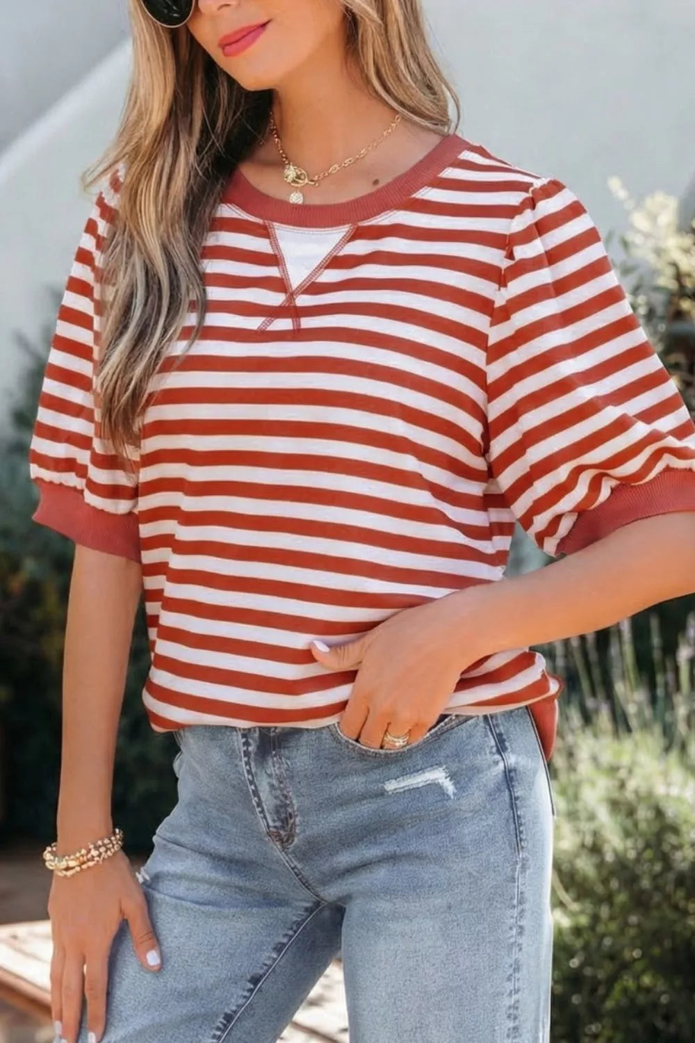 Striped Puff Sleeve Casual T-Shirt product image 3