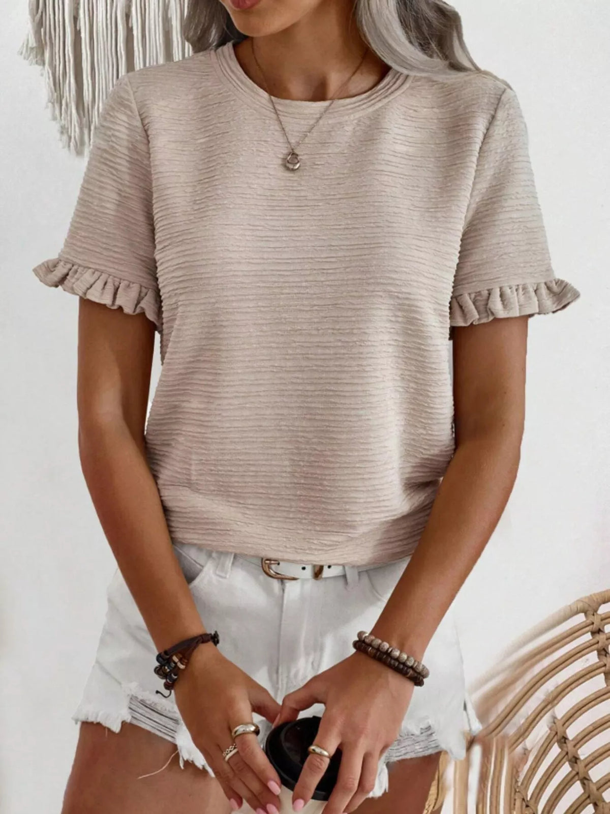 Textured Ruffle Sleeve Round Neck T-Shirt product image 16