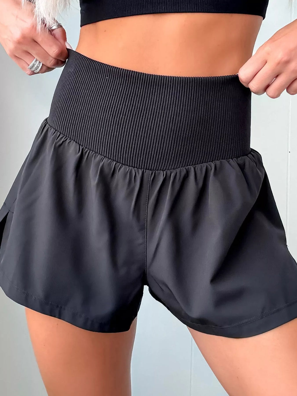 Solid Color Ribbed Patchwork High Waist Athletic Shorts product image 1