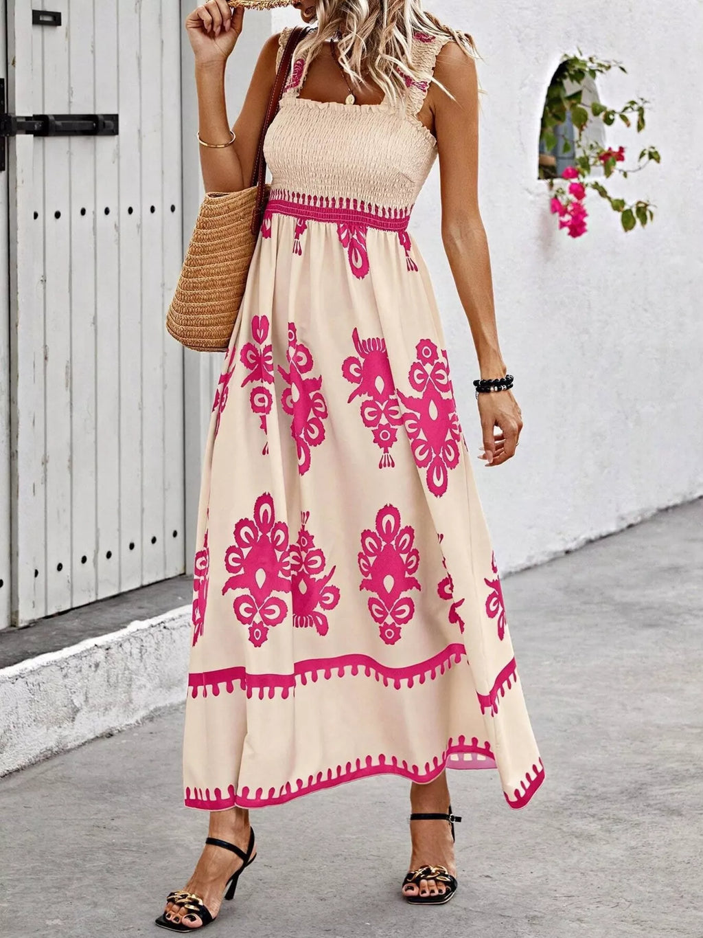 Smocked Printed Square Neck Maxi Dress