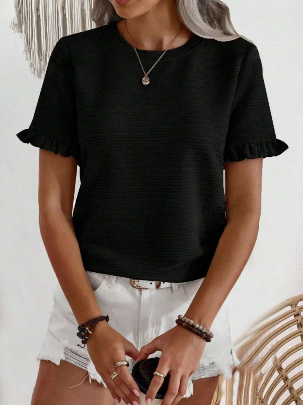 Textured Ruffle Sleeve Round Neck T-Shirt product image 21