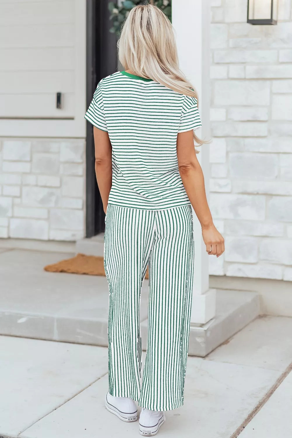 Stripe Crew Neck Tee Drawstring Waist Cropped Pants Set product image 3