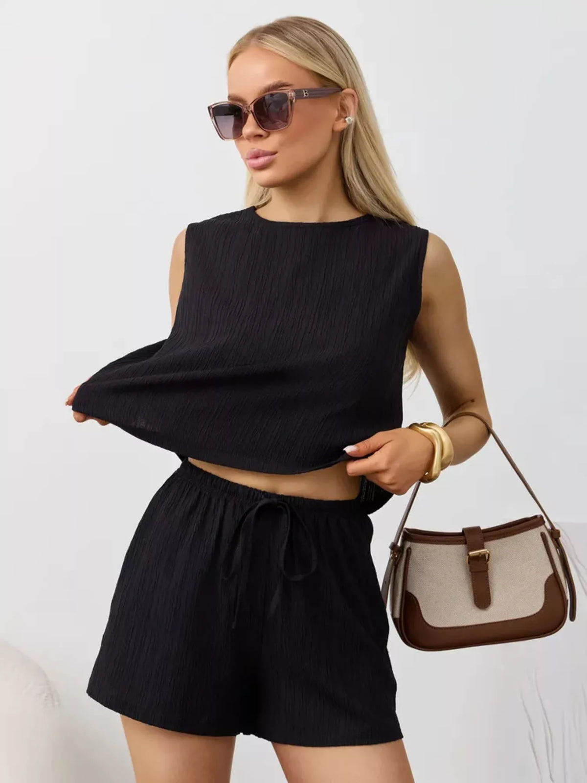 Textured Round Neck Tank and Shorts Set product image 10