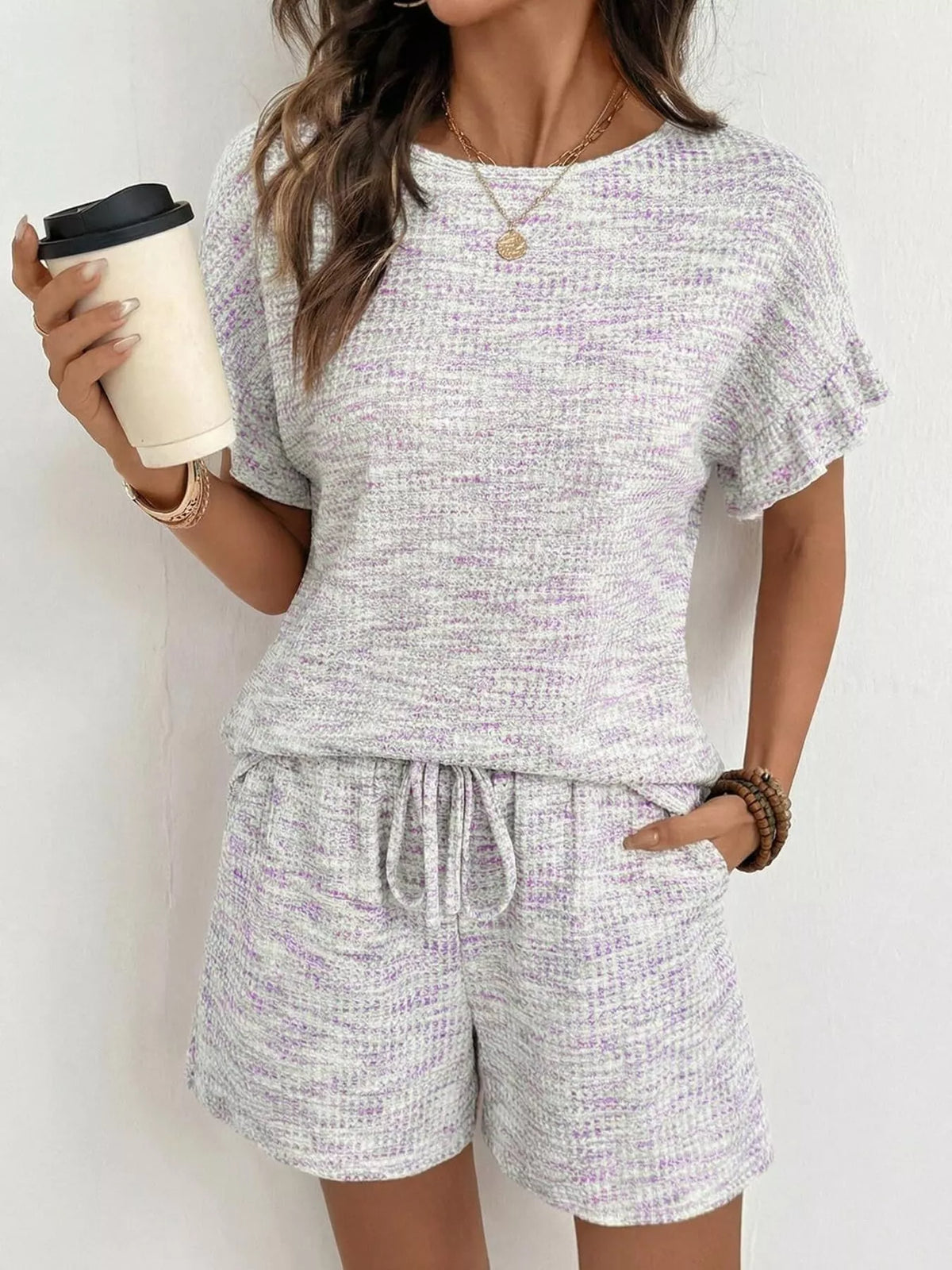 Ruffle Sleeve Textured Top and Shorts Set product image 26