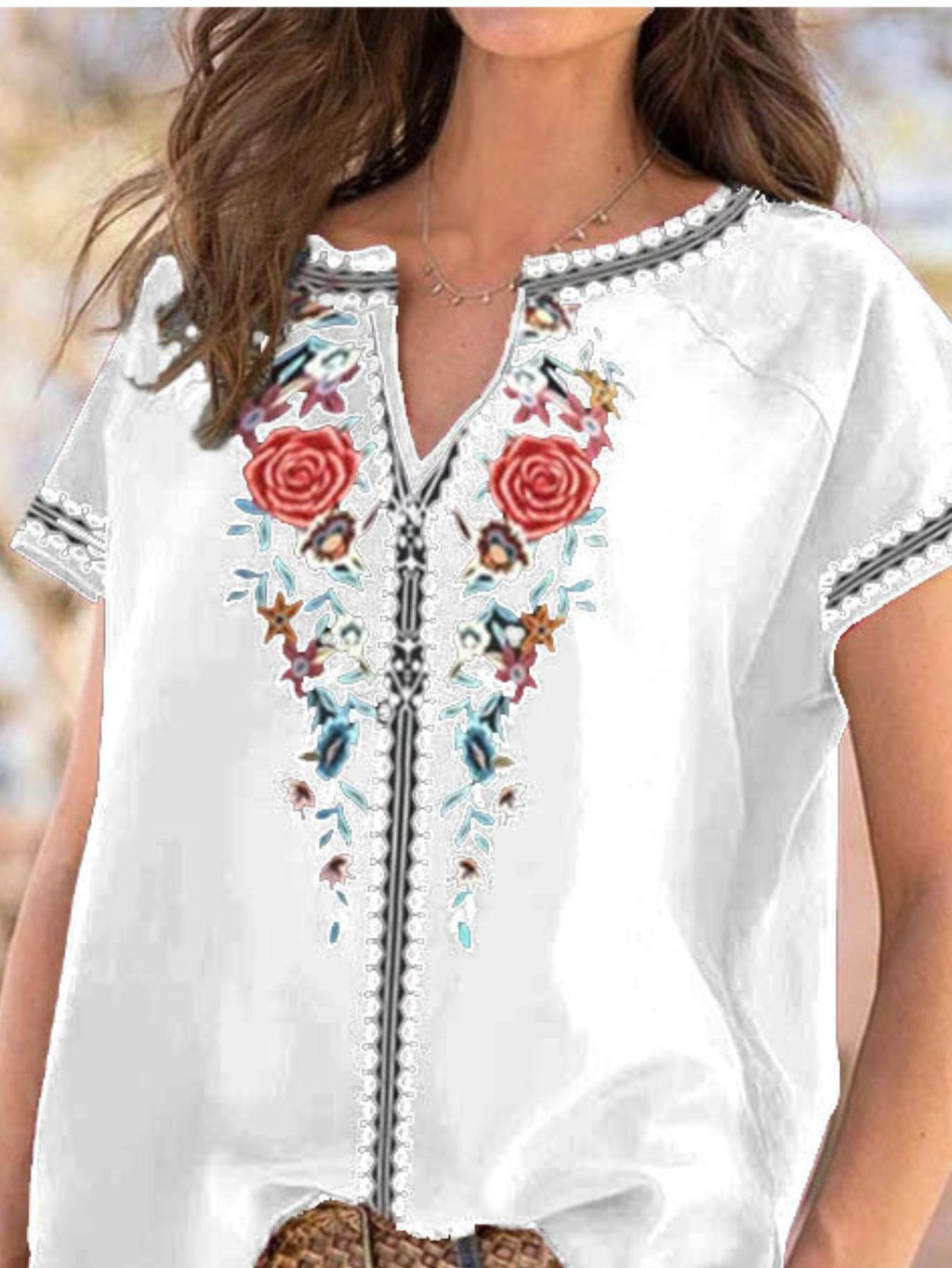 Full Size Floral Notched Short Sleeve Blouse