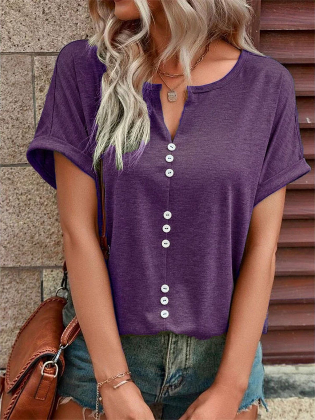 Full Size Decor Button Short Sleeve T-Shirt product image 17