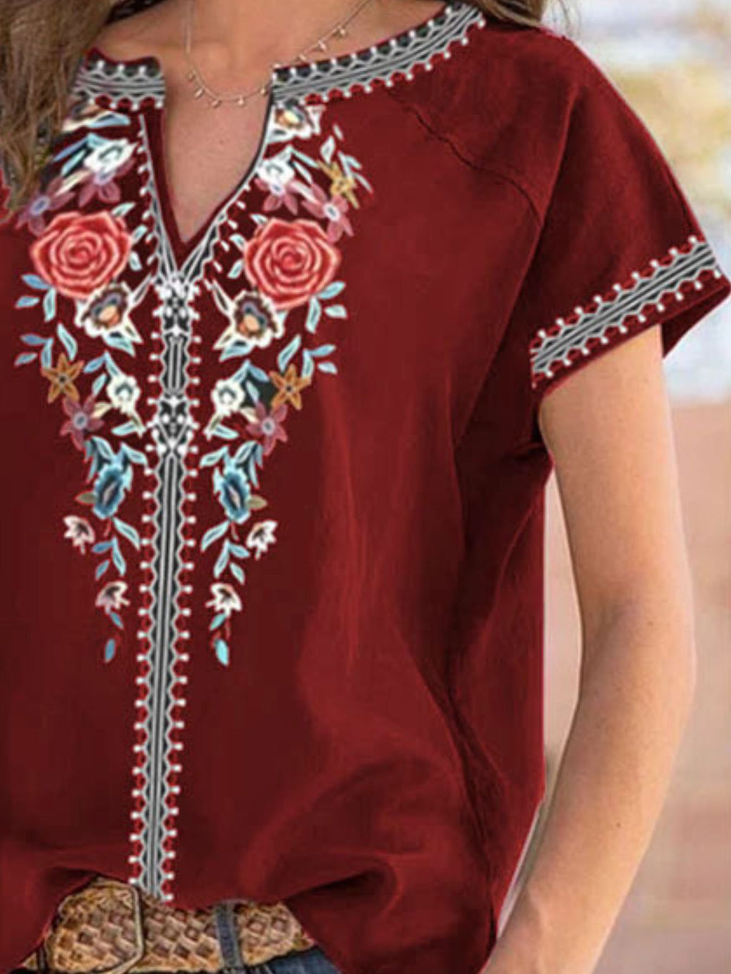 Full Size Floral Notched Short Sleeve Blouse