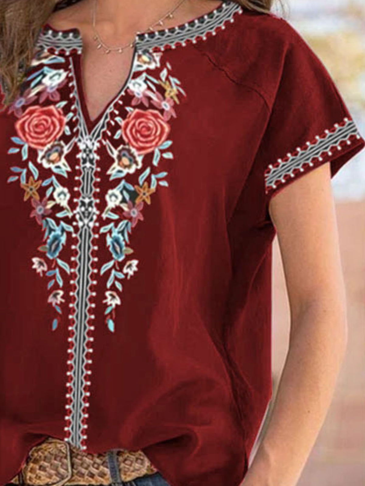 Full Size Floral Notched Short Sleeve Blouse