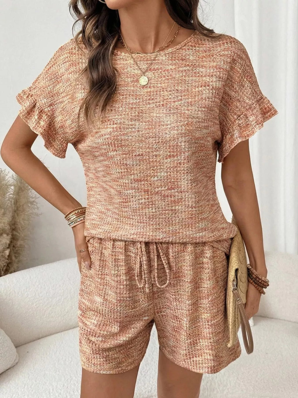 Ruffle Sleeve Textured Top and Shorts Set product image 20