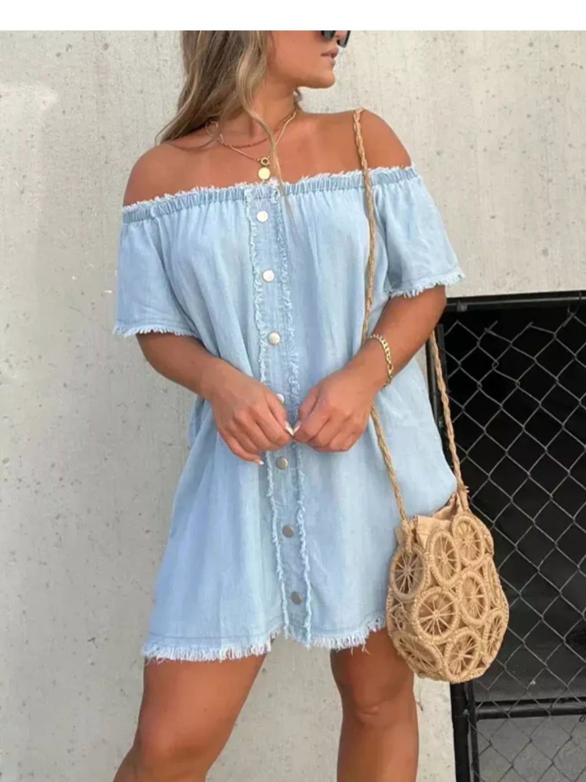 Full Size Off-Shoulder Button-Down Frayed Denim Dress