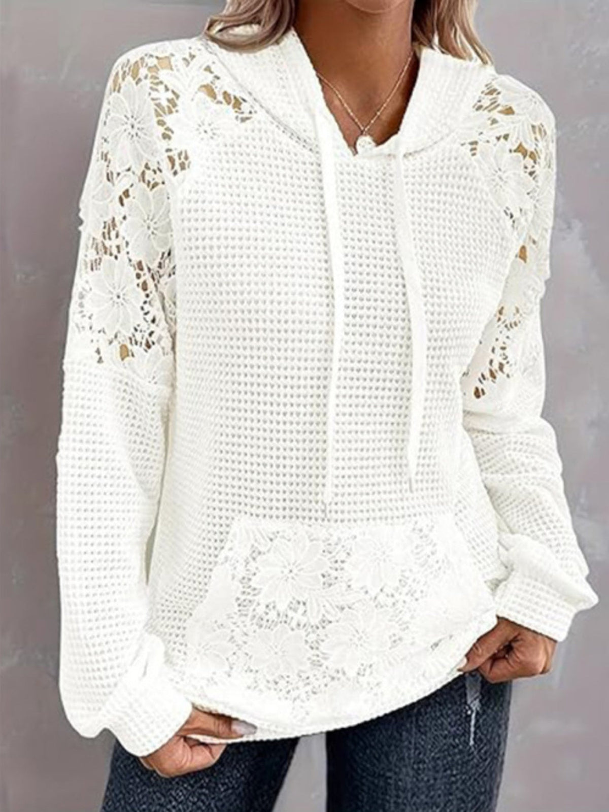 Full Size Lace Trim Waffle Knit Hoodie product image 1