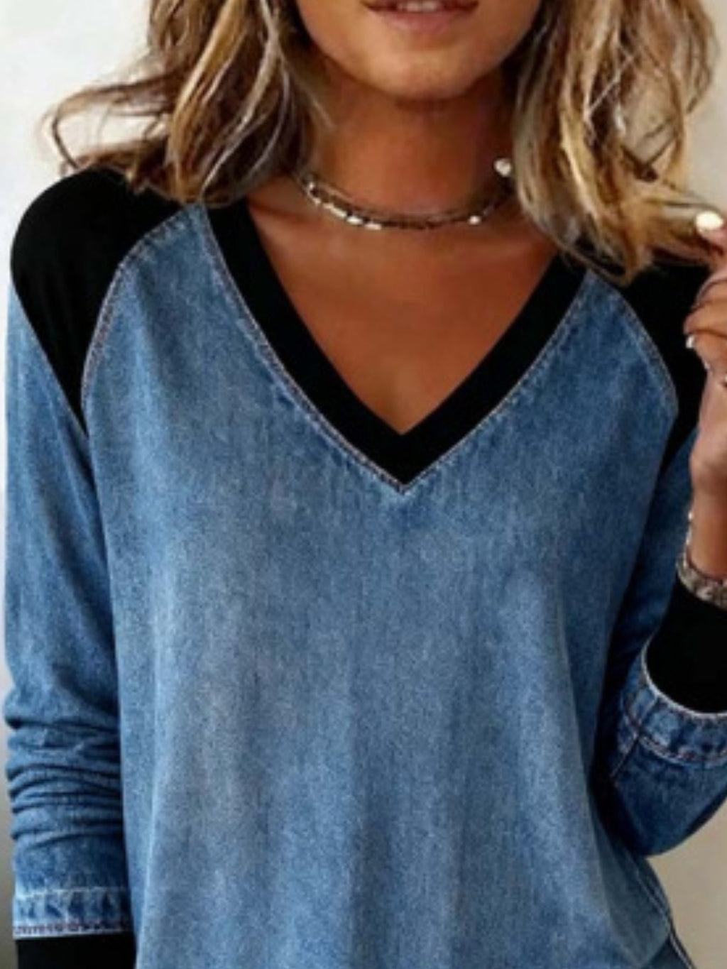 Full Size Patchwork V-Neck Long Sleeve Blouse