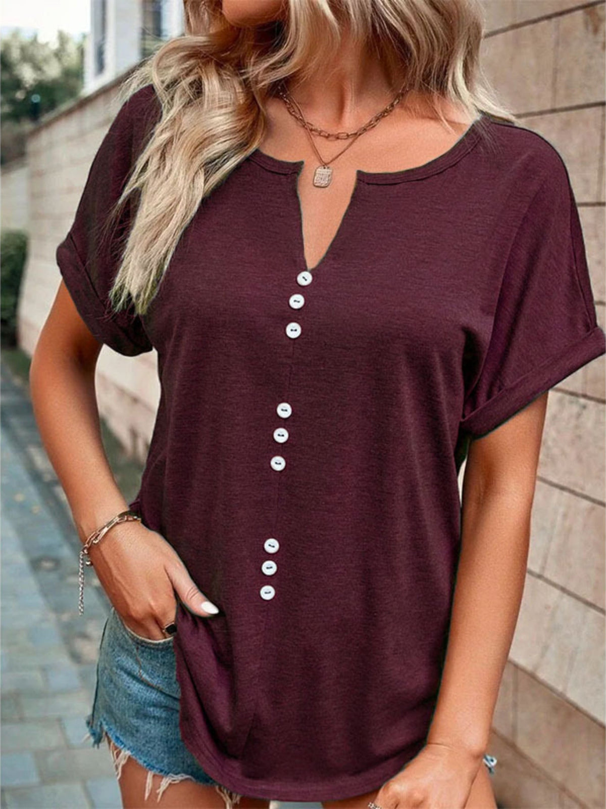 Full Size Decor Button Short Sleeve T-Shirt product image 8