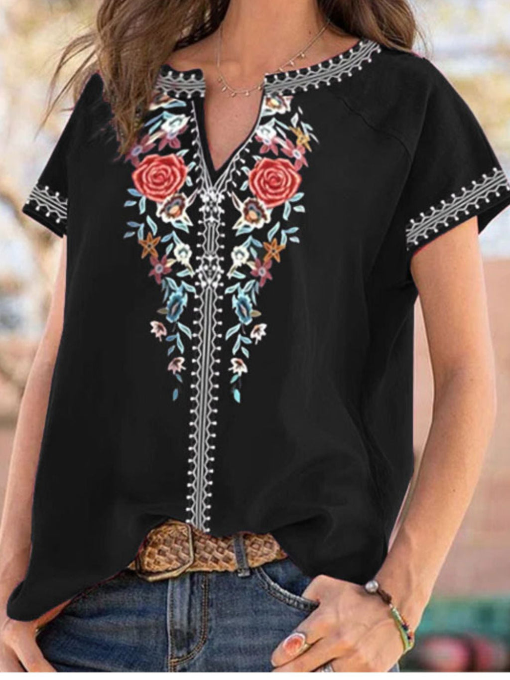 Full Size Floral Notched Short Sleeve Blouse