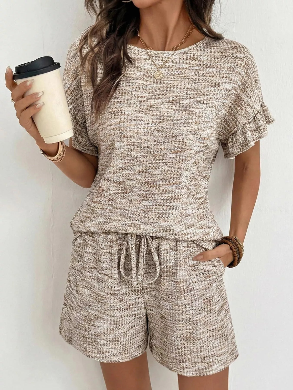 Ruffle Sleeve Textured Top and Shorts Set product image 11
