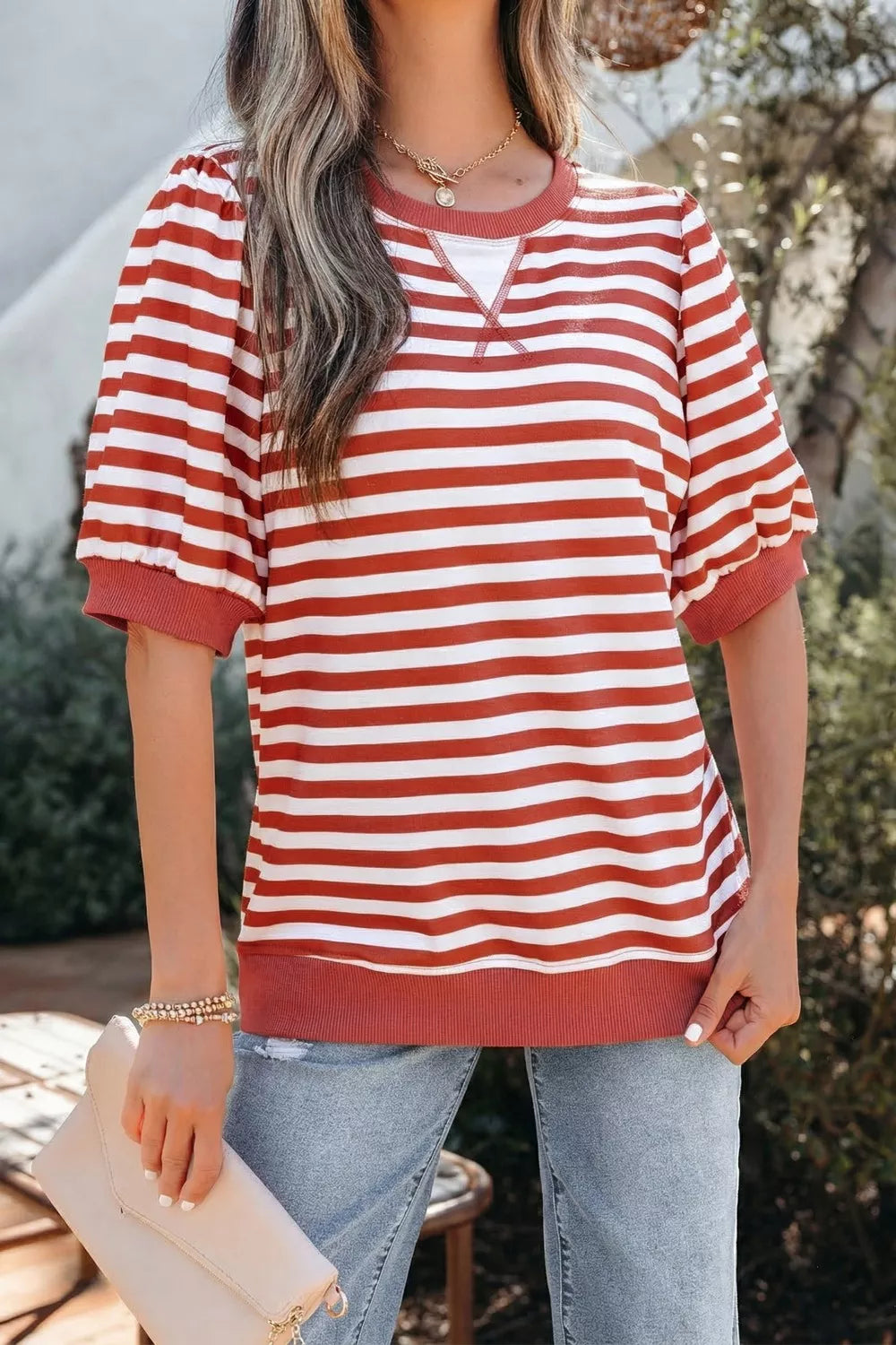 Striped Puff Sleeve Casual T-Shirt product image 1