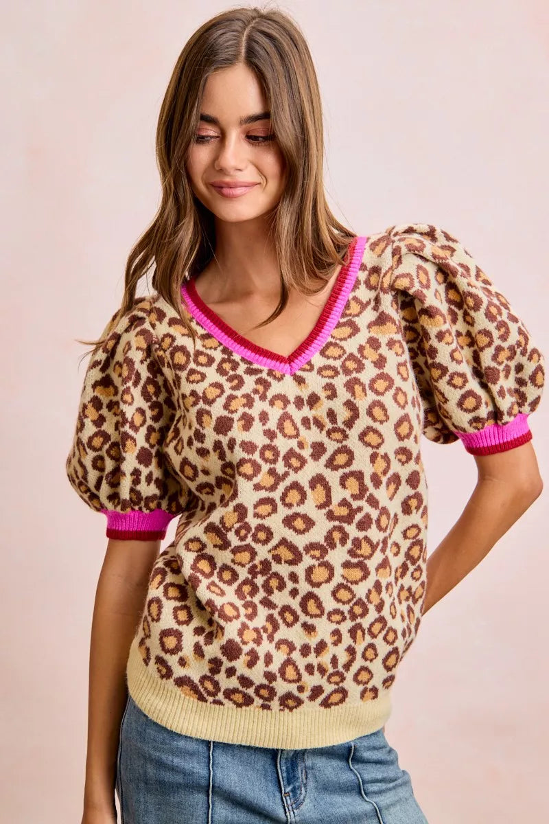 Leopard Pattern Puff Sleeve V-neck Sweater Top