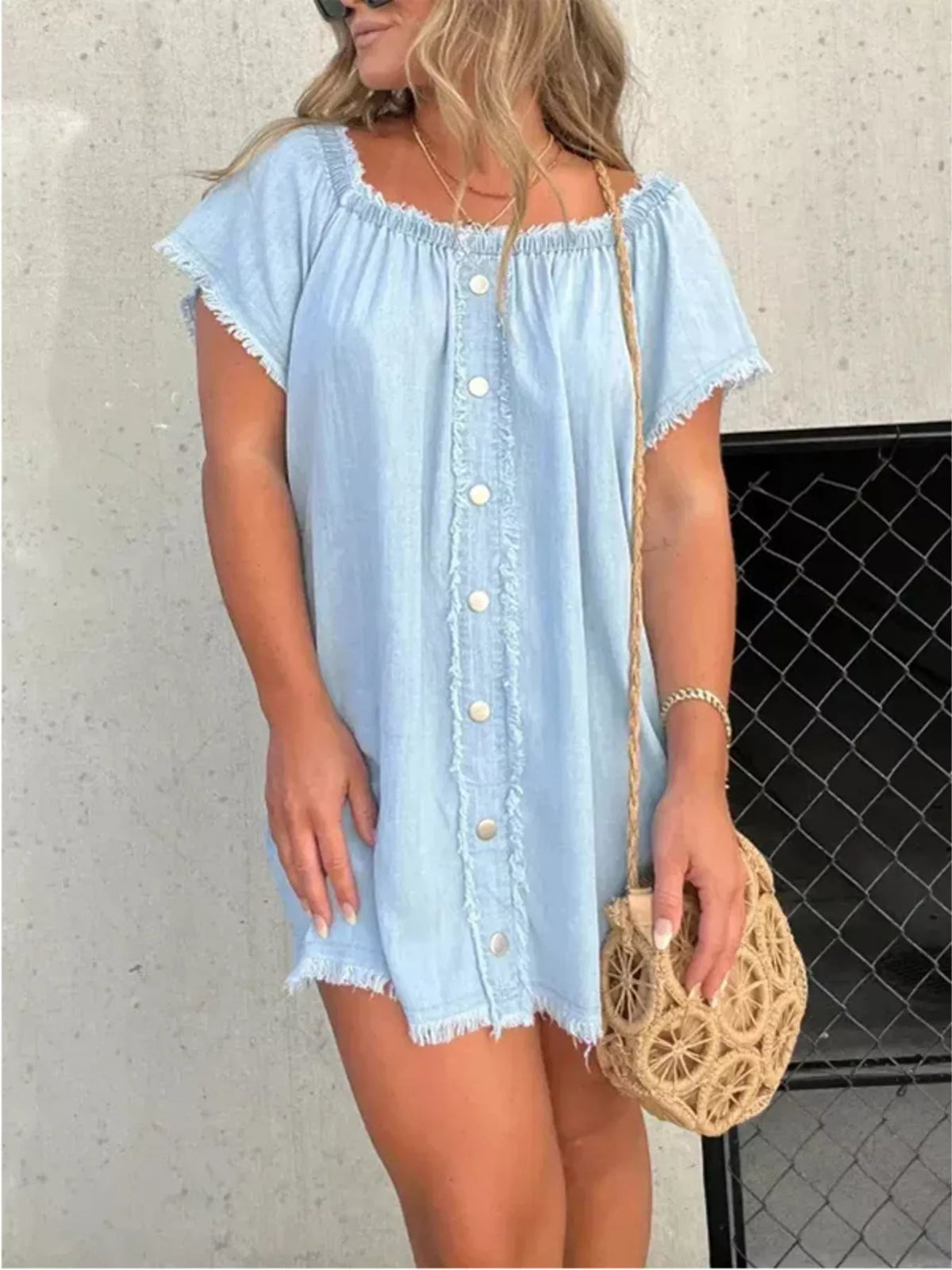 Full Size Off-Shoulder Button-Down Frayed Denim Dress