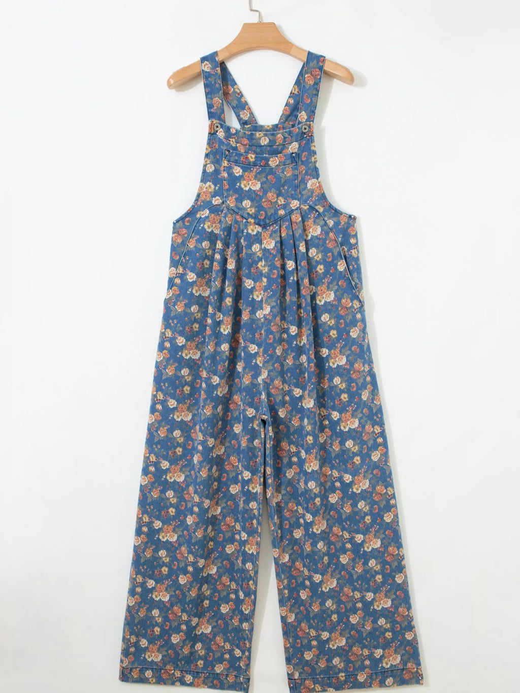 Floral Print Wide Leg Denim Overalls