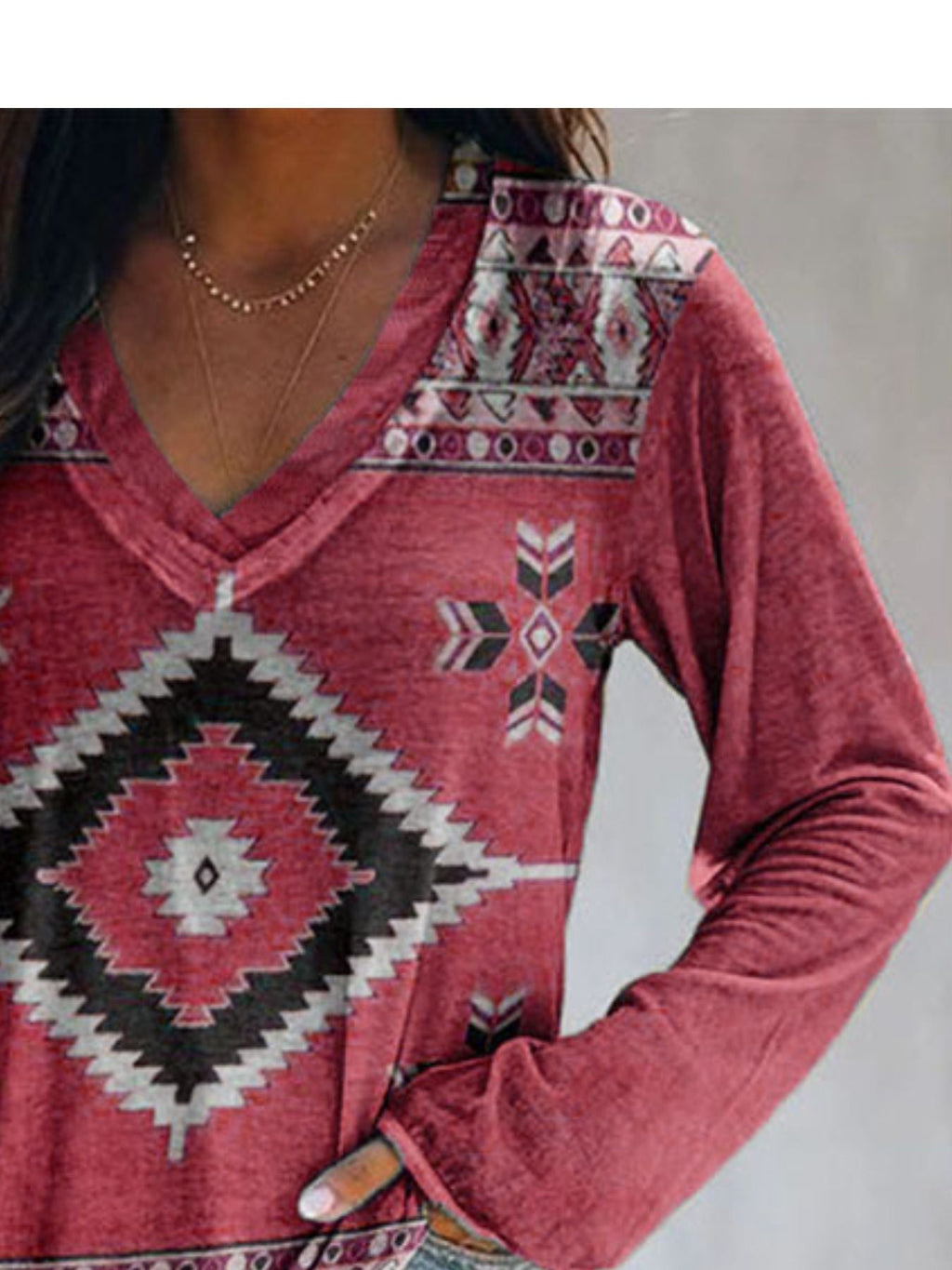 Full Size Geometric V-Neck Long Sleeve T-Shirt product image 9