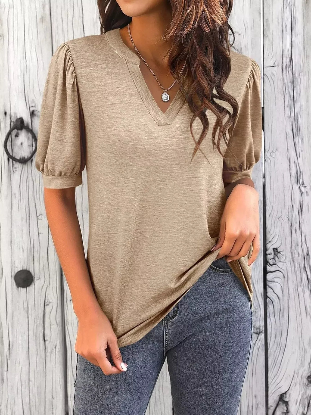 Puff Sleeve Notched Casual T-Shirt product image 1