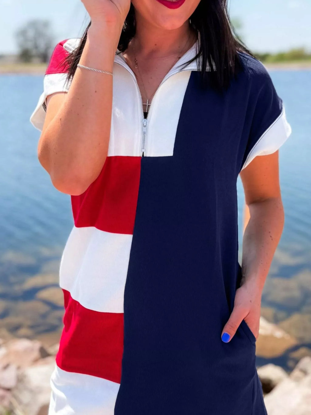 Americana Colorblock Stripes Zip up Collared T Shirt Mini product image 2