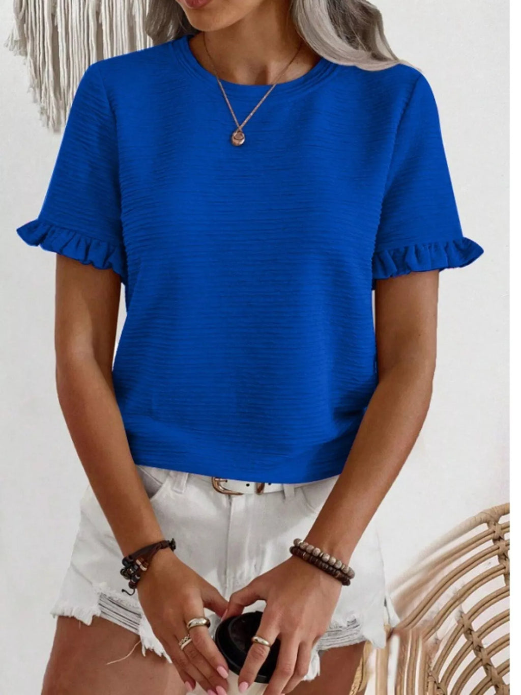 Textured Ruffle Sleeve Round Neck T-Shirt product image 13