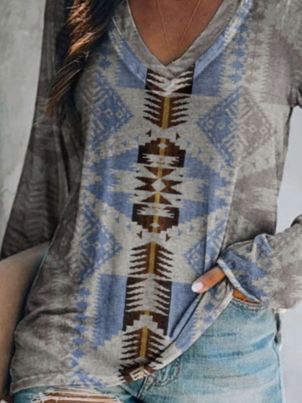 Full Size Geometric V-Neck Long Sleeve T-Shirt product image 12