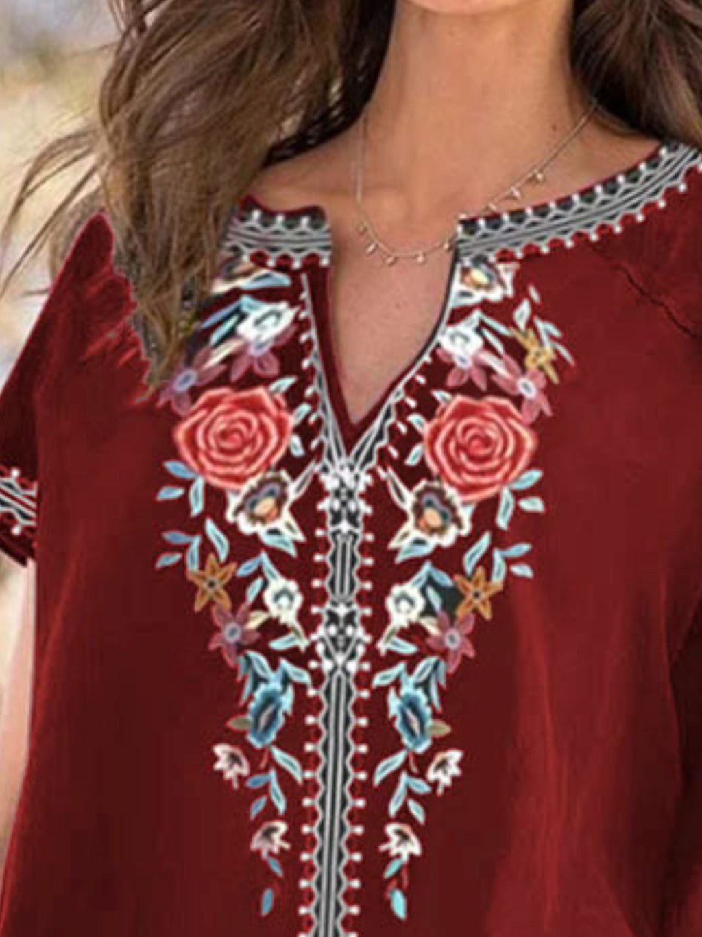 Full Size Floral Notched Short Sleeve Blouse