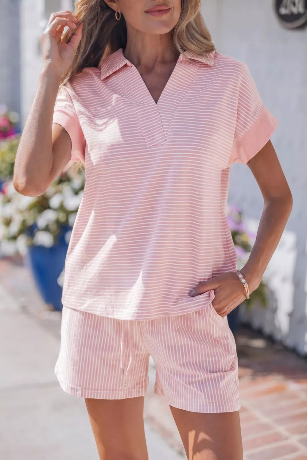 Stripe Dolman Sleeve Polo Shirt and Drawstring Shorts Set product image 1