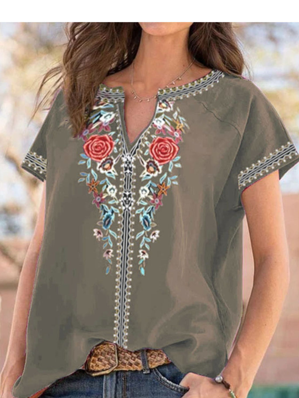 Full Size Floral Notched Short Sleeve Blouse