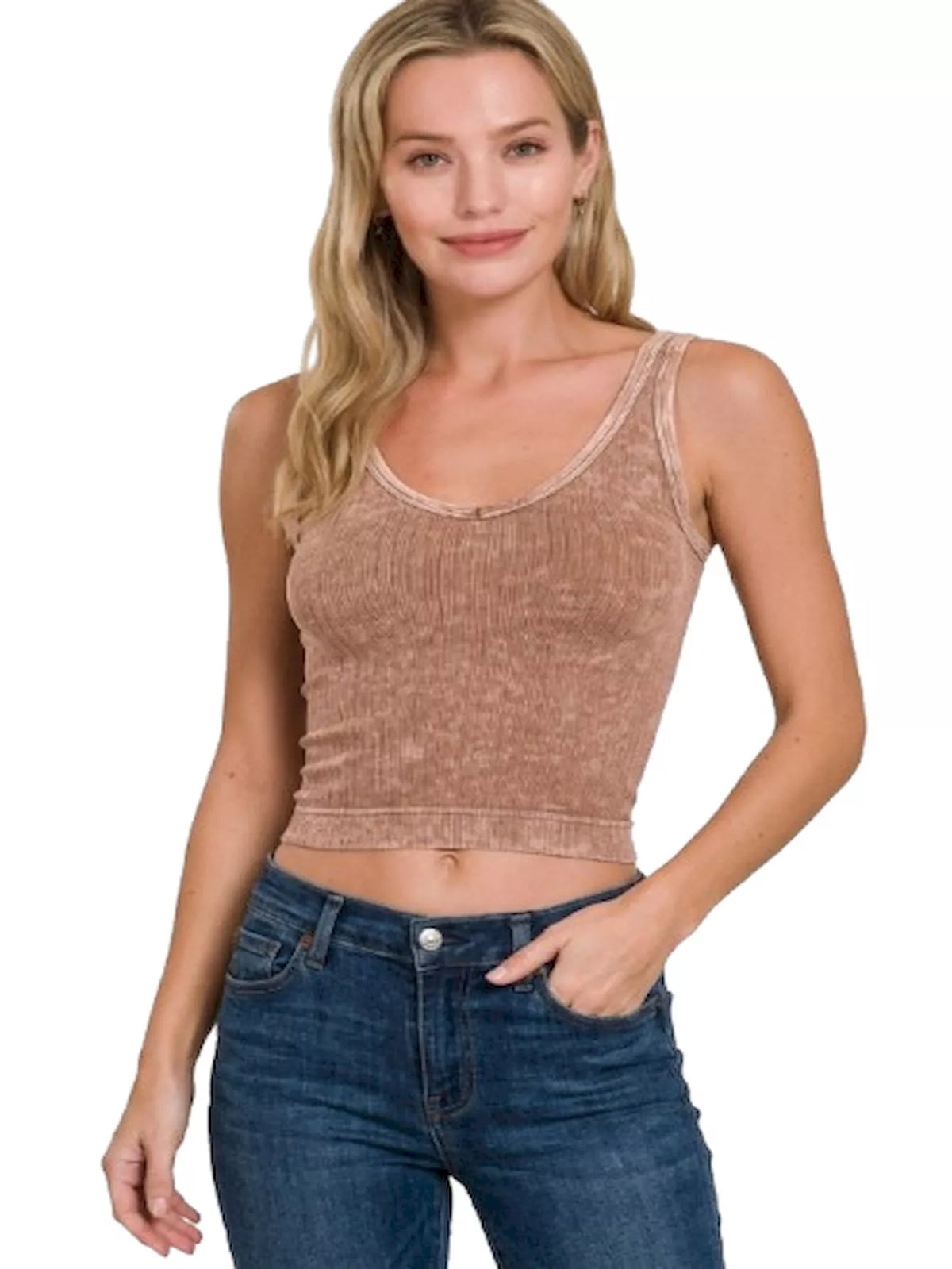 Washed Ribbed Seamless Cropped V-neck Tank Top